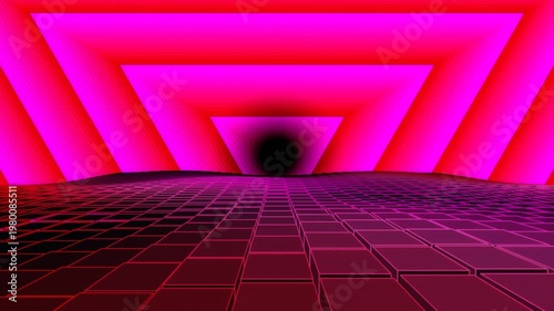 3D Neon Cube Corridor Background with a triangular pattern,pink and red, for videotrons, advertising, gaming, virtual environments, music, digital signage, virtual reality, live events, meetings,