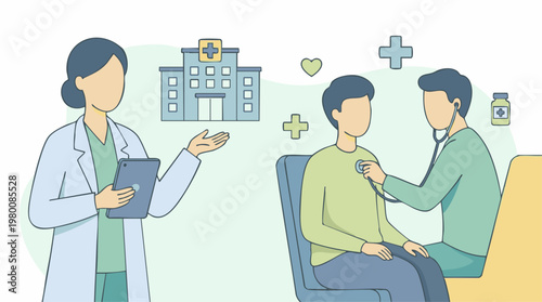 Healthcare services concept with medical examination and hospital building