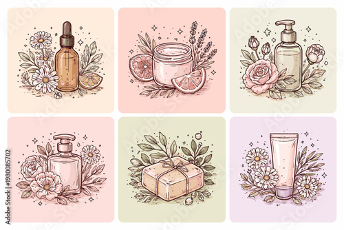 Whimsical Hand-Drawn Ink Botanical Sketches of Beauty and Cosmetic Products; Collection of Serum Bottles, Cream Jars, Soap Bars, and Lotion Tubes with Floral Elements for Natural Branding Labels