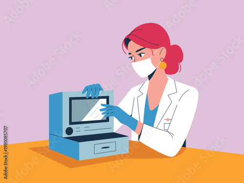 Medical professional wearing mask and gloves examining a piece of equipment with lab coat hair bun red hair professional examining equipment illustration