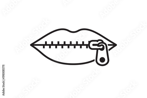 Zipped Lips Icon Symbolizing Silence, Secrecy, and Privacy. Minimalist Black Line Art Illustration of a Sealed Mouth with a Zipper for Concepts of Censorship, Confidentiality, and Quietness.