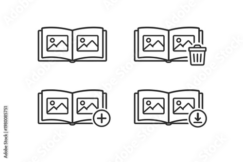 Thin Line Photo Album Icon Set Featuring Open Book Gallery with Image Placeholders for Viewing, Deleting with Trash Can, Adding with Plus Sign, and Downloading with Arrow for UI and Web Design