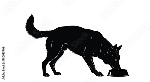 A black silhouette of a German Shepherd dog eating from a bowl.
