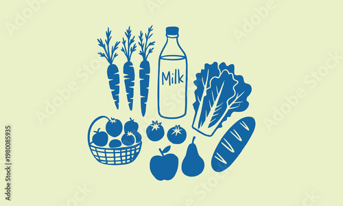 Artistic rendering of groceries: milk bread carrots apples tomatoes lettuce