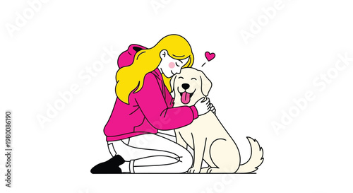 A happy blonde woman in a pink hoodie lovingly hugs her cheerful golden retriever.