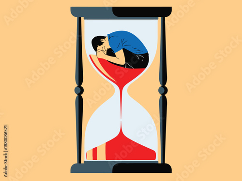 Person trapped inside an hourglass with sand running out symbolizing time passing hourglass stressed pressure deadline illustration metaphor measurement
