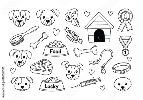A comprehensive collection of hand-drawn black and white doodle icons for various dog breeds and pet accessories.