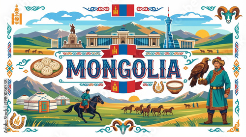 Vector Illustration of Mongolia's Cultural Landmarks and Traditions