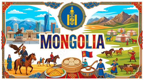 Vector Illustration of Mongolia's Cultural Landmarks and Traditions