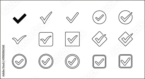 A collection of various check mark icons in different styles and enclosed shapes.