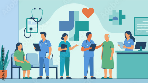 Medical staff and patients in a modern hospital or clinic reception area