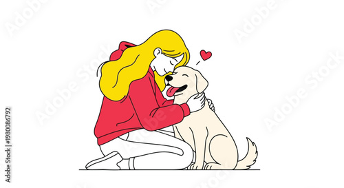 A young woman with blonde hair kneels and lovingly embraces a happy golden retriever dog.