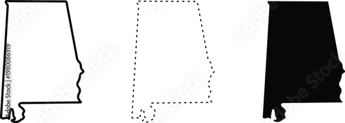 Alabama state map outline collection, black silhouette and dotted border vector set, 3 geographic icons for US regional design projects