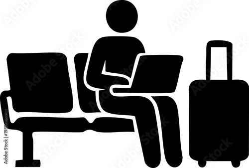 Airport passenger working on laptop with suitcase silhouette icon, traveler waiting at airport terminal