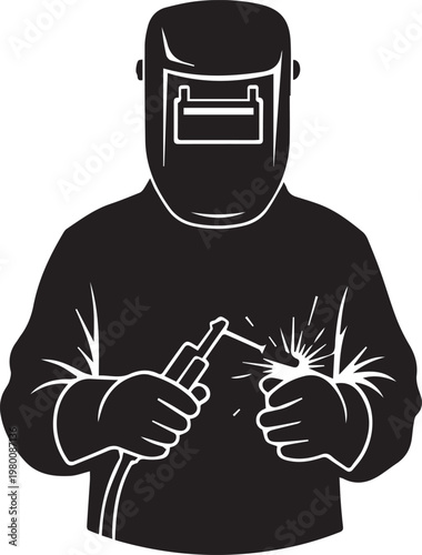 Black and white of a welder with sparks flying des