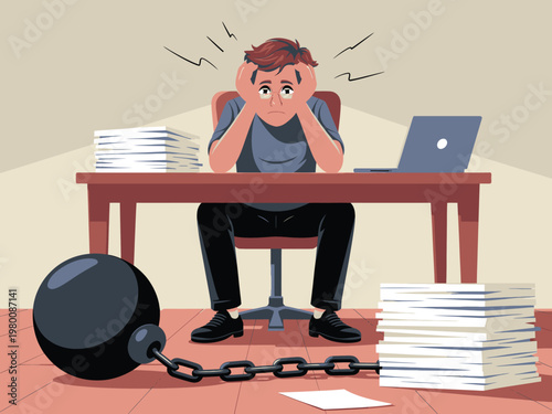 Stressed businessman chained to desk with stacks of paperwork and laptop symbolizing work overload and pressure mental health businessman overload pressure