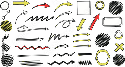 Marker line brush doodle set with arrows, underline highlights and scribble elements. Hand drawn pen strokes, sketch shapes and circle frame icons in vector illustration style.