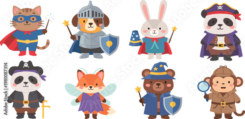 Cute Animal Character Costume Illustration Set Featuring Superhero Knight Wizard Pirate Fairy Detective and Fantasy Cartoon Collection