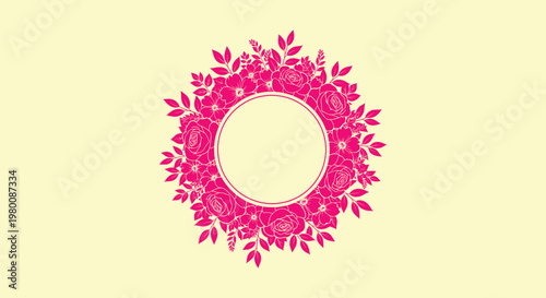 Beautiful Pink Flower Wreath Round Border Template with Roses and Foliage on Soft Yellow Backdrop.