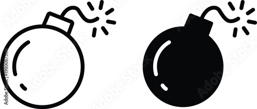 Minimalist bomb icon set with lit fuse, black outline and solid silhouette bomb symbols, vector explosive weapon illustrations for gaming and UI