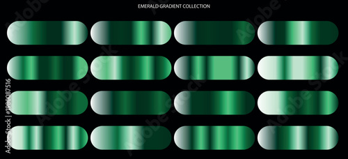 Emerald gradient collection with 16 metallic green swatches, luxury jewel tone color palette, glossy satin texture buttons for UI design
