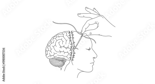 Line Drawing of Hand Sewing Brain Profile | Mental Health & Healing Concept