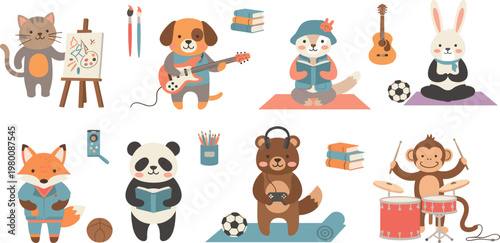 Cute Animal Hobby and Activity Illustration Set Featuring Painting Music Reading Sports Yoga and Creative Cartoon Characters Collection