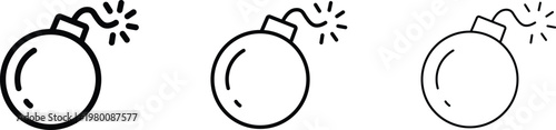 Minimalist bomb icon set with burning fuse, black line art explosive symbols, set of 3 vector illustrations for gaming and UI design