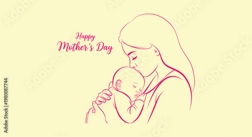 Minimalist Pink Line Art Illustration of Mother Kissing Newborn Baby with Happy Mother's Day Text