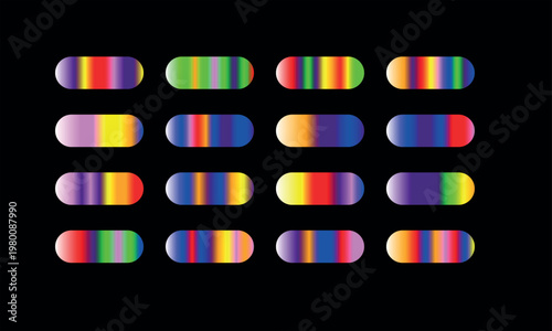 Vibrant gradient capsule set, 16 colorful pill shapes with rainbow spectrum effects, neon glowing lozenge elements on black background