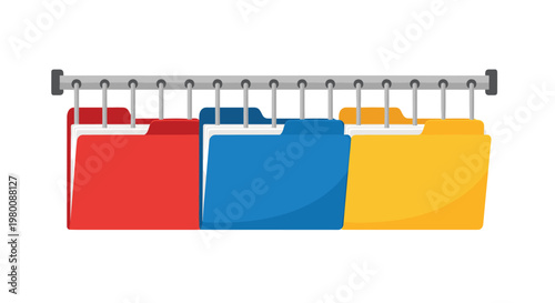 Three vibrant hanging file folders in red blue and yellow are suspended from a sleek horizontal metallic rail against a clean minimalist white background.