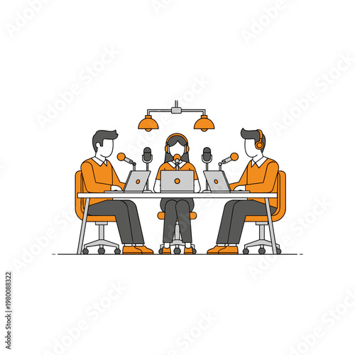 Three professionals participating in an online discussion or podcast recording session