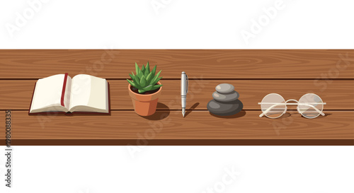 An open book a potted succulent a silver fountain pen stacked smooth stones and glasses are aligned on a wooden surface against a clean white background.