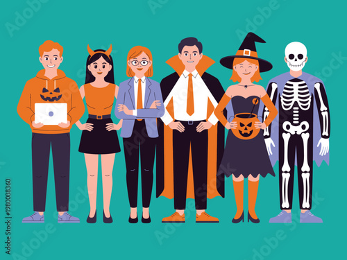 Group of people in halloween costumes including skeleton witch vampire devil posing for a festive celebration with costume party dressed up trick or treat