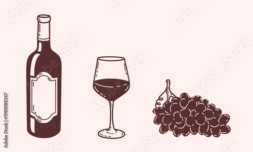 Wine collection SVG. Minimalist hand drawn bottle, glass with red wine and grape bunch. Isolated design elements.
