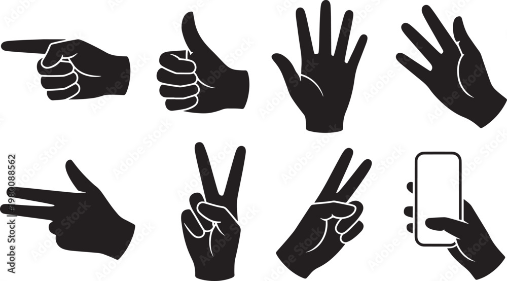 Obraz premium Hand gestures set in black and white for communication and sign language design