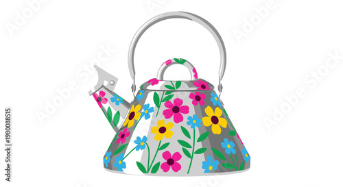 Stainless steel tea kettle showcases a colorful repeating pattern of bright pink and yellow flowers on a reflective surface against a clean white backdrop.