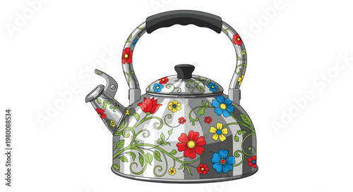 Shiny metallic tea kettle displays detailed hand-painted floral motifs in red and blue shades across its polished surface on a neutral white background.