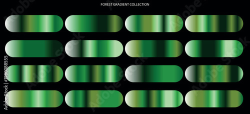 Forest gradient collection with 16 green metallic swatches, emerald and lime satin texture palettes, organic nature color set for vector design