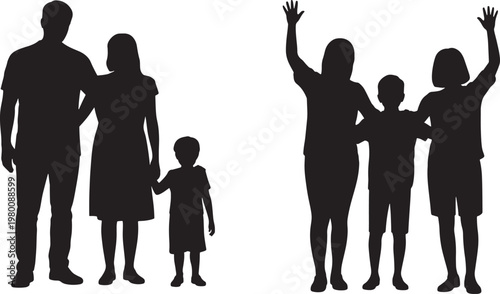 Family silhouettes raising hands at sunset outdoor bonding concept