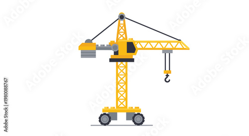 Yellow tower crane stands on wheels with a hook and counterweight, depicted in a clean flat vector style against a plain white background for projects.