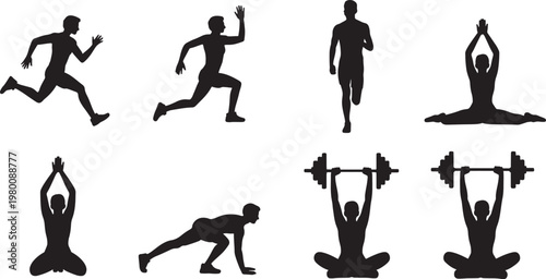flat design icons of diverse fitness exercises and workout routines isolated