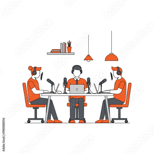 Three individuals engaged in a collaborative podcast recording session