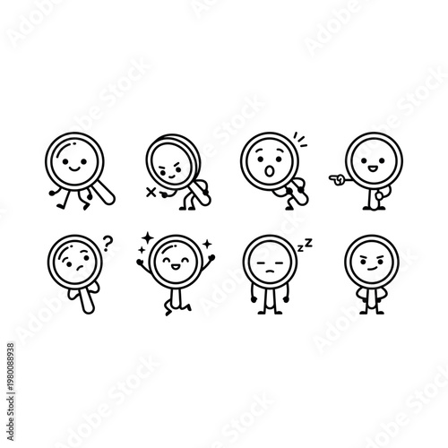 Magnifying glass cartoon characters various emotions.