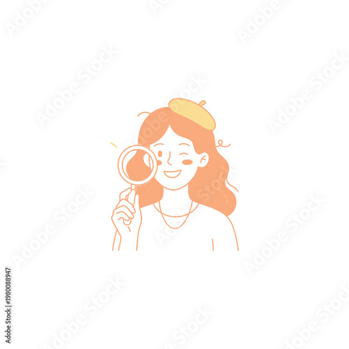 Smiling woman holding magnifying glass.