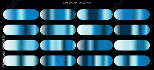 Metallic blue gradient collection, 16 glossy chrome swatches for graphic design, luxury sapphire and cyan color palettes on black background