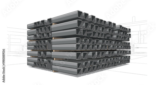 Large stack of square steel hollow sections resting on wooden spacers inside a faint outline of a warehouse for industrial storage and construction projects.