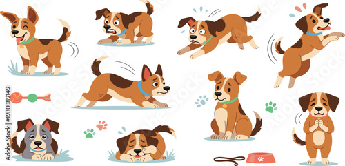 Cute Dog Actions and Behavior Illustration Set Featuring Playing Running Jumping Sleeping Pet Cartoon Collection