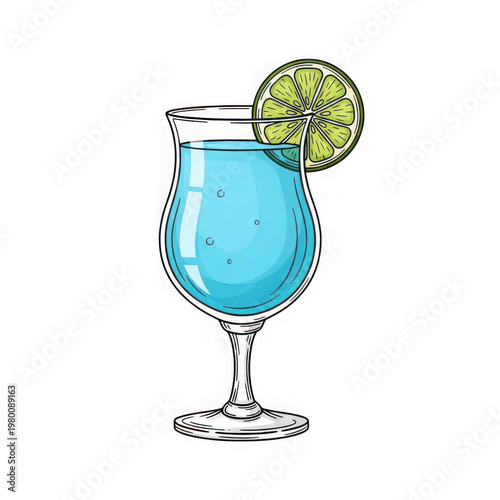 A blue cocktail with a lime wedge on the rim