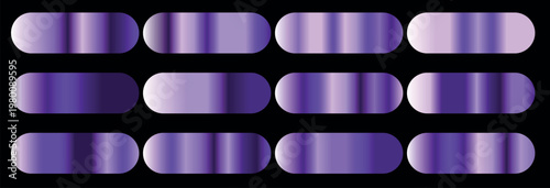 Metallic purple gradient swatches, luxury violet silk texture palette, set of 12 glossy amethyst chrome buttons for UI design, vector color samples